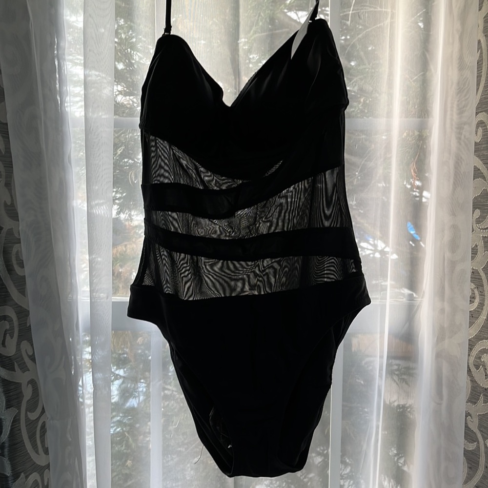 Women’s Black one piece bathing suit, see through removable strap